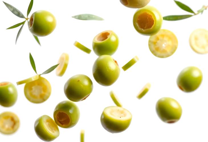 Isolated Green Olive Slices Flying